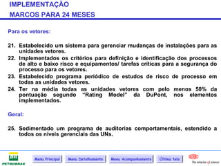 IMPLEMENTAÇÃO
MARCOS PARA 24 MESES

Para os vetores:

21. Estabelecido um sistema para gerenciar mudanças de instalações para as
    unidades vetores.
22. Implementados os critérios para definição e identificação dos processos
    de alto e baixo risco e equipamentos/ tarefas críticas para a segurança do
    processo para os vetores.
23. Estabelecido programa periódico de estudos de risco de processo em
    todas as unidades vetores.
24. Ter na média todas as unidades vetores com pelo menos 50% da
    pontuação segundo “Rating Model” da DuPont, nos elementos
    implementados.

Geral:

25. Sedimentado um programa de auditorias comportamentais, estendido a
    todos os níveis gerenciais das UNs.



         Menu Principal   Menu Detalhamento   Menu Acompanhamento   Última tela
 