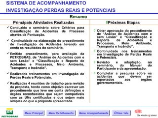 SISTEMA DE ACOMPANHAMENTO
INVESTIGAÇÃO PERDAS REAIS E POTENCIAIS
                                          Resumo
   Principais Atividades Realizadas                              Próximas Etapas
 Conduzido o seminário sobre Critérios para
  Classificação de Acidentes de Processo                  Obter aprovação do procedimento
  através de Pontuação.                                    de “Análise de Acidentes com e
                                                           sem Lesão” e “Classificação e
 Continuidade na elaboração do procedimento               Reporte      de     Acidentes     e
 de Investigação de Acidentes levando em                   Processos,      Meio     Ambiente,
 conta os resultados do seminário.                         Transporte e Incêndio”.
                                                          Continuidade nos treinamentos
 Emitido procedimento, para avaliação da                  em Investigação de Perdas Reais
  PETROBRAS, de “Análise de Acidentes com e                e Potenciais.
  sem Lesão” e “Classificação e Reporte de                Revisão     e     adaptação,     no
  Acidentes e Processos, Meio Ambiente,                    seminário,     do    Manual      do
  Transporte e Incêndio”.                                  Participante e da apresentação.
 Realizados treinamentos em Investigação de              Completar a pesquisa sobre os
  Perdas Reais e Potenciais.                               acidentes     que    devem      ser
                                                           reportados        aos       órgãos
 Realizadas 4 reuniões de trabalho para revisão           governamentais.
  da proposta, tendo como objetivo escrever um
  procedimento que leve em conta definições e
  órgãos reconhecidos que sejam compatíveis
  com as UNs certificadas e que sejam mais
  simples do que a proposta apresentada.


           Menu Principal   Menu Detalhamento   Menu Acompanhamento   Última tela
 