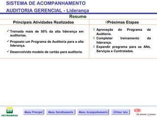 SISTEMA DE ACOMPANHAMENTO
AUDITORIA GERENCIAL - Liderança
                                         Resumo
   Principais Atividades Realizadas                             Próximas Etapas
                                                         Aprovação do Programa de
 Treinada mais de 50% da alta liderança em
  auditorias.                                             Auditoria.
                                                         Completar     treinamento   da
 Proposto um Programa de Auditoria para a alta           liderança.
  liderança.                                             Expandir programa para as ANs,
 Desenvolvido modelo de cartão para auditoria.           Serviços e Controladas.




          Menu Principal   Menu Detalhamento   Menu Acompanhamento   Última tela
 