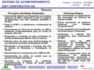 SISTEMA DE ACOMPANHAMENTO                                         Vetores: • UN-SEAL •UN-BSOL
                                                                           • UN-ES   •UN-BC
E&P CORPORATIVO AN
                                           Resumo
     Principais Atividades Realizadas                             Próximas Etapas
 Apresentado relatório do Diagnóstico para líderes        Dar continuidade na programação
  regionais de SMS e Diretores da AN e o relatório          dos seminários de Técnicas de
  de Diagnóstico das UNs avaliadas (UN-SEAL e               Gestão de SMS.
  UN-ES).                                                  Prover seminários de Auditoria
 Visita à UN-BC e 4 plataformas e elaboração do            Gerencial       com        Enfoque
  relatório.                                                Comportamental.
 Treinamentos de Técnicas de Gestão em SMS e              Prover seminários de Investigação
  Auditorias Comportamentais para os níveis de              de Perdas Reais e Potenciais.
  diretoria, GG e G1.                                      Customizar     o    material   dos
 Preparação e condução de dois workshops de                treinamentos para profissionais
  Gestão de Mudanças (Natal e Rio de Janeiro)               de SMS.
 Definido plano de ação para implementação do             Reforçar     junto     ao     SMS
  procedimento de Gestão de Mudanças da E&P.                Corporativo da PETROBRAS a
                                                            agilização   da     emissão    dos
 Oficializada e comunicada a formação dos GTs              procedimentos      gerenciais   de
  de Gestão de Mudanças e Investigação de                   “Investigação e Análise de Perdas
  Perdas.                                                   Reais e Potenciais”.
 Apresentação do cronograma para o SMS da AN.             Elaborar e implementar plano de
 Apresentação do status do projeto para os                 treinamento      em     Auditorias
  gerentes do E&P corporativo.                              Comportamentais, garantindo a
                                                            participação dos representantes
 Aprovado      o     programa de  auditorias               das UNs ES e SEAL ainda não
  comportamentais e visitas às áreas pelos                  treinados.
  diretores-gerentes.
            Menu Principal   Menu Detalhamento   Menu Acompanhamento   Última tela
 
