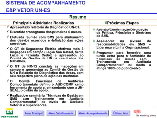 SISTEMA DE ACOMPANHAMENTO
E&P VETOR UN-ES
                                         Resumo
   Principais Atividades Realizadas                             Próximas Etapas
 Apresentado relatório de Diagnóstico UN-ES.
                                                         Revisão/Confirmação/Divulgação
 Discutido cronograma dos primeiros 6 meses.             da Política, Princípios e Diretrizes
 Efetuada reunião com SMS para alinhamento               de SMS.
  dos desvios ocorridos e definição das ações            Assessorar      na    revisão     de
  corretivas.                                             responsabilidades em SMS –
 O GT de Segurança Elétrica efetivou mais 3              Liderança e Linha Organizacional.
  inspeções em campo (Lagoa São Rafael, Santa            Programar para fevereiro uma
  Luzia e Fazenda Cedro) e apresentou ao                  turma extra para o Seminário de
  Comitê de Gestão da UN os resultados dos                “Técnicas de Gestão com
  trabalhos.                                              Treinamento        em      Auditoria
 O GT de NR-13 concluiu as inspeções em                  Comportamental” de modo a
  campo e apresentou ao Comitê de Gestão da               atingir 100% do público-alvo.
  UN o Relatório de Diagnóstico das Áreas, com
  seu respectivo plano de ação das melhorias.
O      Comitê     Funcional    de   Auditorias
  Comportamentais definiu o AUDICOMP como
  ferramenta de apoio e, em conjunto com a UN-
  SEAL, o cartão de apoio.
 Realizado o seminário “Técnicas de Gestão em
  SMS     com     Treinamento    em   Auditoria
  Comportamental” os níveis de Gerência
  Setorial e Supervisores.

          Menu Principal   Menu Detalhamento   Menu Acompanhamento   Última tela
 