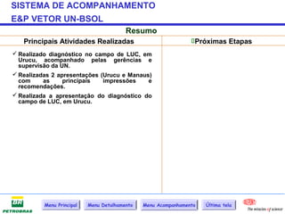 SISTEMA DE ACOMPANHAMENTO
E&P VETOR UN-BSOL
                                         Resumo
   Principais Atividades Realizadas                             Próximas Etapas
 Realizado diagnóstico no campo de LUC, em
  Urucu, acompanhado pelas gerências e
  supervisão da UN.
 Realizadas 2 apresentações (Urucu e Manaus)
  com     as     principais   impressões    e
  recomendações.
 Realizada a apresentação do diagnóstico do
  campo de LUC, em Urucu.




          Menu Principal   Menu Detalhamento   Menu Acompanhamento   Última tela
 