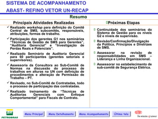 SISTEMA DE ACOMPANHAMENTO
ABAST- REFINO VETOR UN-RECAP
                                         Resumo
   Principais Atividades Realizadas                             Próximas Etapas
 Realizado workshop para definição do Comitê
  Central de SMS, subcomitês, responsáveis,              Continuidade dos seminários do
  atribuições, formas de trabalho.                        Sistema de Gestão para os níveis
                                                          G2 e níveis de supervisão.
 Participação dos gerentes G1 nos seminários
  “Técnicas de Gestão de SMS para Gerentes”,             Revisão/Confirmação/Divulgação
  “Auditoria Gerencial” e “Investigação de                da Política, Princípios e Diretrizes
  Perdas Reais e Potenciais”.                             de SMS.
 Realizado Seminário de Auditoria Gerencial             Assessorar      na    revisão     de
  para 60 participantes (gerentes setoriais e             responsabilidades em SMS –
  supervisores).                                          Liderança e Linha Organizacional.
 Assessoria da Consultora ao Sub-Comitê de              Assessorar no estabelecimento de
  Normas na discussão do processo de                      sub-comitê de Segurança Elétrica.
  trabalhos em alturas na UN com definição de
  procedimentos e alteração de Permissão de
  Trabalho – PT.
 Revisado, no Sub-Comitê de Contratadas, todo
  o processo de participação das contratadas.
 Realizado treinamento de “Técnicas de
  Auditorias      Gerenciais    com     Enfoque
  Comportamental” para Fiscais de Contrato.



          Menu Principal   Menu Detalhamento   Menu Acompanhamento   Última tela
 