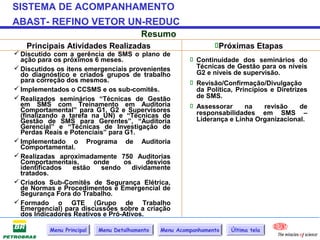 SISTEMA DE ACOMPANHAMENTO
ABAST- REFINO VETOR UN-REDUC
                                          Resumo
    Principais Atividades Realizadas                             Próximas Etapas
 Discutido com a gerência de SMS o plano de
  ação para os próximos 6 meses.                          Continuidade dos seminários do
 Discutidos os itens emergenciais provenientes            Técnicas de Gestão para os níveis
  do diagnóstico e criados grupos de trabalho              G2 e níveis de supervisão.
  para correção dos mesmos.                               Revisão/Confirmação/Divulgação
 Implementados o CCSMS e os sub-comitês.                  da Política, Princípios e Diretrizes
 Realizados seminários “Técnicas de Gestão                de SMS.
  em SMS com Treinamento em Auditoria                     Assessorar      na    revisão     de
  Comportamental” para G1, G2 e Supervisores               responsabilidades em SMS –
  (finalizando a tarefa na UN) e “Técnicas de
  Gestão de SMS para Gerentes”, “Auditoria                 Liderança e Linha Organizacional.
  Gerencial” e “Técnicas de Investigação de
  Perdas Reais e Potenciais” para G1.
 Implementado o Programa de Auditoria
  Comportamental.
 Realizadas aproximadamente 750 Auditorias
  Comportamentais,       onde     os      desvios
  identificados    estão   sendo     dividamente
  tratados.
 Criados Sub-Comitês de Segurança Elétrica,
  de Normas e Procedimentos e Emergencial de
  Segurança Fora do Trabalho.
 Formado o GTE (Grupo de Trabalho
  Emergencial) para discussões sobre a criação
  dos Indicadores Reativos e Pró-Ativos.

           Menu Principal   Menu Detalhamento   Menu Acompanhamento   Última tela
 