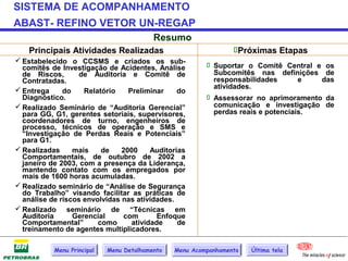 SISTEMA DE ACOMPANHAMENTO
ABAST- REFINO VETOR UN-REGAP
                                          Resumo
    Principais Atividades Realizadas                             Próximas Etapas
 Estabelecido o CCSMS e criados os sub-
  comitês de Investigação de Acidentes, Análise           Suportar o Comitê Central e os
  de Riscos,      de Auditoria e Comitê de                 Subcomitês nas definições de
  Contratadas.                                             responsabilidades       e  das
                                                           atividades.
 Entrega     do    Relatório    Preliminar     do
  Diagnóstico.                                            Assessorar no aprimoramento da
 Realizado Seminário de “Auditoria Gerencial”             comunicação e investigação de
  para GG, G1, gerentes setoriais, supervisores,           perdas reais e potenciais.
  coordenadores de turno, engenheiros de
  processo, técnicos de operação e SMS e
  “Investigação de Perdas Reais e Potenciais”
  para G1.
 Realizadas     mais    de    2000     Auditorias
  Comportamentais, de outubro de 2002 a
  janeiro de 2003, com a presença da Liderança,
  mantendo contato com os empregados por
  mais de 1600 horas acumuladas.
 Realizado seminário de “Análise de Segurança
  do Trabalho” visando facilitar as práticas de
  análise de riscos envolvidas nas atividades.
 Realizado seminário de “Técnicas em
  Auditoria      Gerencial     com        Enfoque
  Comportamental”       como      atividade     de
  treinamento de agentes multiplicadores.

           Menu Principal   Menu Detalhamento   Menu Acompanhamento   Última tela
 