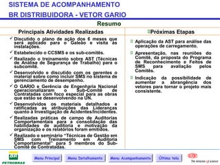 SISTEMA DE ACOMPANHAMENTO
BR DISTRIBUIDORA - VETOR GARIO
                                          Resumo
   Principais Atividades Realizadas                              Próximas Etapas
 Discutido o plano de ação dos 6 meses que
  será aplicado para o Galeão e visita às                 Aplicação da AST para análise das
  instalações.                                             operações de carregamento.
 Estabelecido o CCSMS e os sub-comitês.                  Apresentação, nas reuniões do
 Realizado o treinamento sobre AST (Técnicas              Comitê, da proposta do Programa
  de Análise de Segurança de Trabalho) para o              de Reconhecimento e Feitos de
  subcomitê.                                               SMS     para    avaliação    pelos
 Desenvolvido e discutido com os gerentes o               Comitês.
  material sobre como incluir SMS no sistema de           Indicação da possibilidade de
  gerenciamento de desempenho.                             aumentar a abrangência dos
 O GARIO e Gerência de Engenharia Nacional                vetores para tornar o projeto mais
  operacionalizaram      o     Sub-Comitê     de           consistente.
  Contratadas com foco especial para as obras
  que estão se desenvolvendo na UN.
 Desenvolvidos os materiais detalhados e
  ratificadas as atribuições das Lideranças
  quanto à Investigação de Acidentes/Incidentes.
 Realizadas práticas de campo de Auditorias
  Comportamentais para a consolidação das
  habilidades de auditoria e motivação da
  organização e os relatórios foram emitidos.
 Realizado o seminário “Técnicas de Gestão em
  SMS      com    Treinamento     em   Auditoria
  Comportamental” para 5 membros do Sub-
  Comitê de Contratadas.

           Menu Principal   Menu Detalhamento   Menu Acompanhamento   Última tela
 
