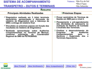 SISTEMA DE ACOMPANHAMENTO                                             Vetores: •São Fco do Sul
                                                                               •Ilha d’Água
TRANSPETRO – DUTOS E TERMINAIS                                                 •São Sebastião
                                         Resumo
   Principais Atividades Realizadas                             Próximas Etapas
 Diagnóstico realizado em 3 (três) terminais            Prover seminários de Técnicas de
  aquaviários, apresentação e discussão do                Gestão em SMS para o nível 2.
  relatório do Diagnóstico com a liderança de            Planejamento e pré-agendamento
  SMS e entrega do relatório final.
                                                          das atividades de assessoria na
 Discutidos os próximos passos em função dos             avaliação do Sistema de Combate
  resultados do relatório de Diagnóstico.                 à Incêndio dos Terminais.
 Realizada apresentação sobre Auditorias                Finalizar o desenvolvimento do
  Comportamentais no Terminal de Manaus,                  Programa        de      Auditorias
  conforme     solicitação    do    Coordenador           Comportamentais        para      a
  Regional de SMS da PETROBRAS.                           Gerência / Supervisão dos e
                                                          Terminais Aquaviários.




          Menu Principal   Menu Detalhamento   Menu Acompanhamento   Última tela
 