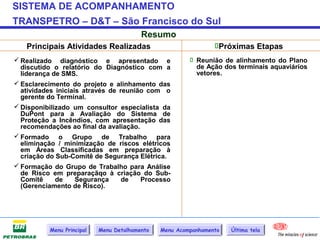 SISTEMA DE ACOMPANHAMENTO
TRANSPETRO – D&T – São Francisco do Sul
                                         Resumo
   Principais Atividades Realizadas                             Próximas Etapas
 Realizado diagnóstico e apresentado e                  Reunião de alinhamento do Plano
  discutido o relatório do Diagnóstico com a              de Ação dos terminais aquaviários
  liderança de SMS.                                       vetores.
 Esclarecimento do projeto e alinhamento das
  atividades iniciais através de reunião com o
  gerente do Terminal.
 Disponibilizado um consultor especialista da
  DuPont para a Avaliação do Sistema de
  Proteção a Incêndios, com apresentação das
  recomendações ao final da avaliação.
 Formado o Grupo de Trabalho para
  eliminação / minimização de riscos elétricos
  em Áreas Classificadas em preparação à
  criação do Sub-Comitê de Segurança Elétrica.
 Formação do Grupo de Trabalho para Análise
  de Risco em preparaçãqo à criação do Sub-
  Comitê     de     Segurança     de   Processo
  (Gerenciamento de Risco).




          Menu Principal   Menu Detalhamento   Menu Acompanhamento   Última tela
 