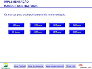 IMPLEMENTAÇÃO
MARCOS CONTRATUAIS


Os marcos para acompanhamento de implementação



      6 Meses                  12 Meses             18 Meses               24 Meses


      30 Meses                 36 Meses             42 Meses               48 Meses




        Menu Principal   Menu Detalhamento   Menu Acompanhamento   Última tela
 