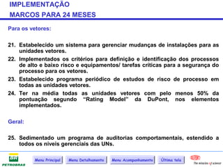 IMPLEMENTAÇÃO
MARCOS PARA 24 MESES
Para os vetores:

21. Estabelecido um sistema para gerenciar mudanças de instalações para as
    unidades vetores.
22. Implementados os critérios para definição e identificação dos processos
    de alto e baixo risco e equipamentos/ tarefas críticas para a segurança do
    processo para os vetores.
23. Estabelecido programa periódico de estudos de risco de processo em
    todas as unidades vetores.
24. Ter na média todas as unidades vetores com pelo menos 50% da
    pontuação segundo “Rating Model” da DuPont, nos elementos
    implementados.

Geral:

25. Sedimentado um programa de auditorias comportamentais, estendido a
    todos os níveis gerenciais das UNs.

         Menu Principal   Menu Detalhamento   Menu Acompanhamento   Última tela
 