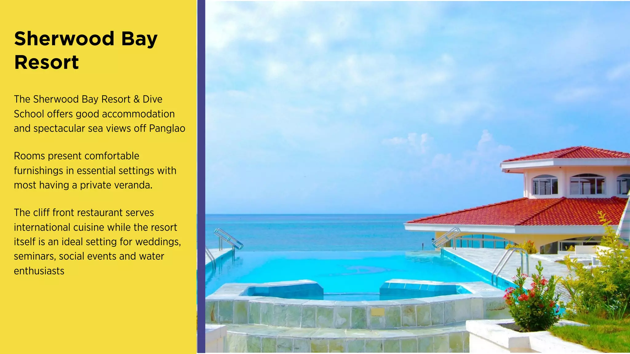 Sherwood Bay
Resort
The Sherwood Bay Resort & Dive
School offers good accommodation
and spectacular sea views off Panglao
Rooms present comfortable
furnishings in essential settings with
most having a private veranda.
The cliff front restaurant serves
international cuisine while the resort
itself is an ideal setting for weddings,
seminars, social events and water
enthusiasts
 