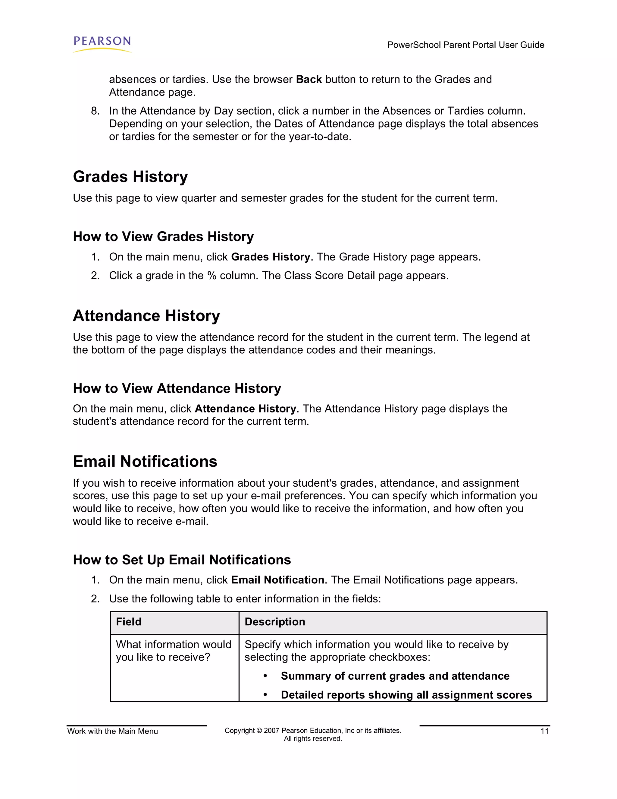 PowerSchool Parent Portal User Guide


          absences or tardies. Use the browser Back button to return to the Grades and
          Attendance page.
      8. In the Attendance by Day section, click a number in the Absences or Tardies column.
         Depending on your selection, the Dates of Attendance page displays the total absences
         or tardies for the semester or for the year-to-date.


 Grades History
 Use this page to view quarter and semester grades for the student for the current term.


 How to View Grades History
      1. On the main menu, click Grades History. The Grade History page appears.
      2. Click a grade in the % column. The Class Score Detail page appears.


 Attendance History
 Use this page to view the attendance record for the student in the current term. The legend at
 the bottom of the page displays the attendance codes and their meanings.


 How to View Attendance History
 On the main menu, click Attendance History. The Attendance History page displays the
 student's attendance record for the current term.


 Email Notifications
 If you wish to receive information about your student's grades, attendance, and assignment
 scores, use this page to set up your e-mail preferences. You can specify which information you
 would like to receive, how often you would like to receive the information, and how often you
 would like to receive e-mail.


 How to Set Up Email Notifications
      1. On the main menu, click Email Notification. The Email Notifications page appears.
      2. Use the following table to enter information in the fields:

            Field                       Description

            What information would      Specify which information you would like to receive by
            you like to receive?        selecting the appropriate checkboxes:
                                              •     Summary of current grades and attendance
                                              •     Detailed reports showing all assignment scores


Work with the Main Menu           Copyright © 2007 Pearson Education, Inc or its affiliates.                              11
                                                    All rights reserved.
 