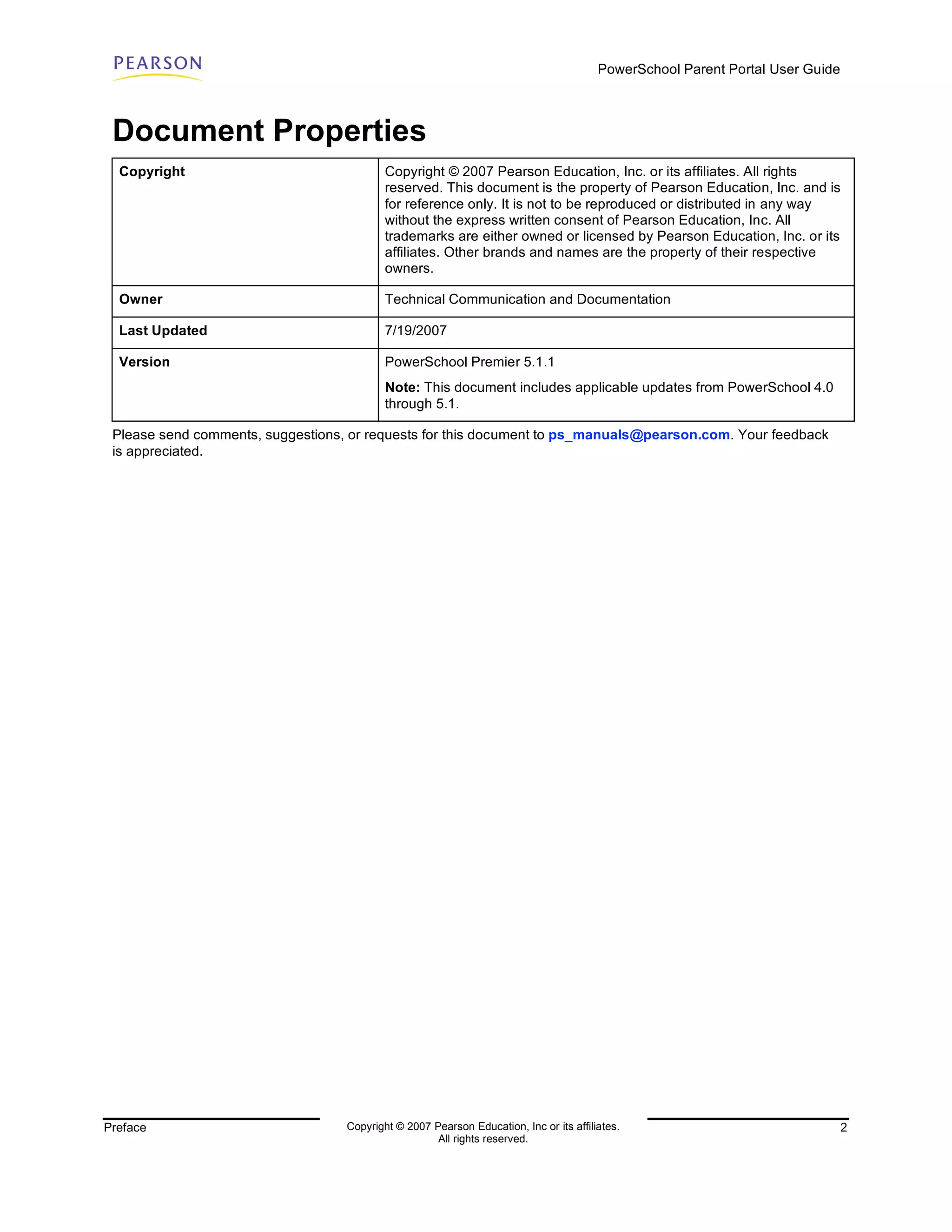 PowerSchool Parent Portal User Guide



 Document Properties
  Copyright                                Copyright © 2007 Pearson Education, Inc. or its affiliates. All rights
                                           reserved. This document is the property of Pearson Education, Inc. and is
                                           for reference only. It is not to be reproduced or distributed in any way
                                           without the express written consent of Pearson Education, Inc. All
                                           trademarks are either owned or licensed by Pearson Education, Inc. or its
                                           affiliates. Other brands and names are the property of their respective
                                           owners.

  Owner                                    Technical Communication and Documentation

  Last Updated                             7/19/2007

  Version                                  PowerSchool Premier 5.1.1
                                           Note: This document includes applicable updates from PowerSchool 4.0
                                           through 5.1.

 Please send comments, suggestions, or requests for this document to ps_manuals@pearson.com. Your feedback
 is appreciated.




Preface                            Copyright © 2007 Pearson Education, Inc or its affiliates.                                  2
                                                     All rights reserved.
 