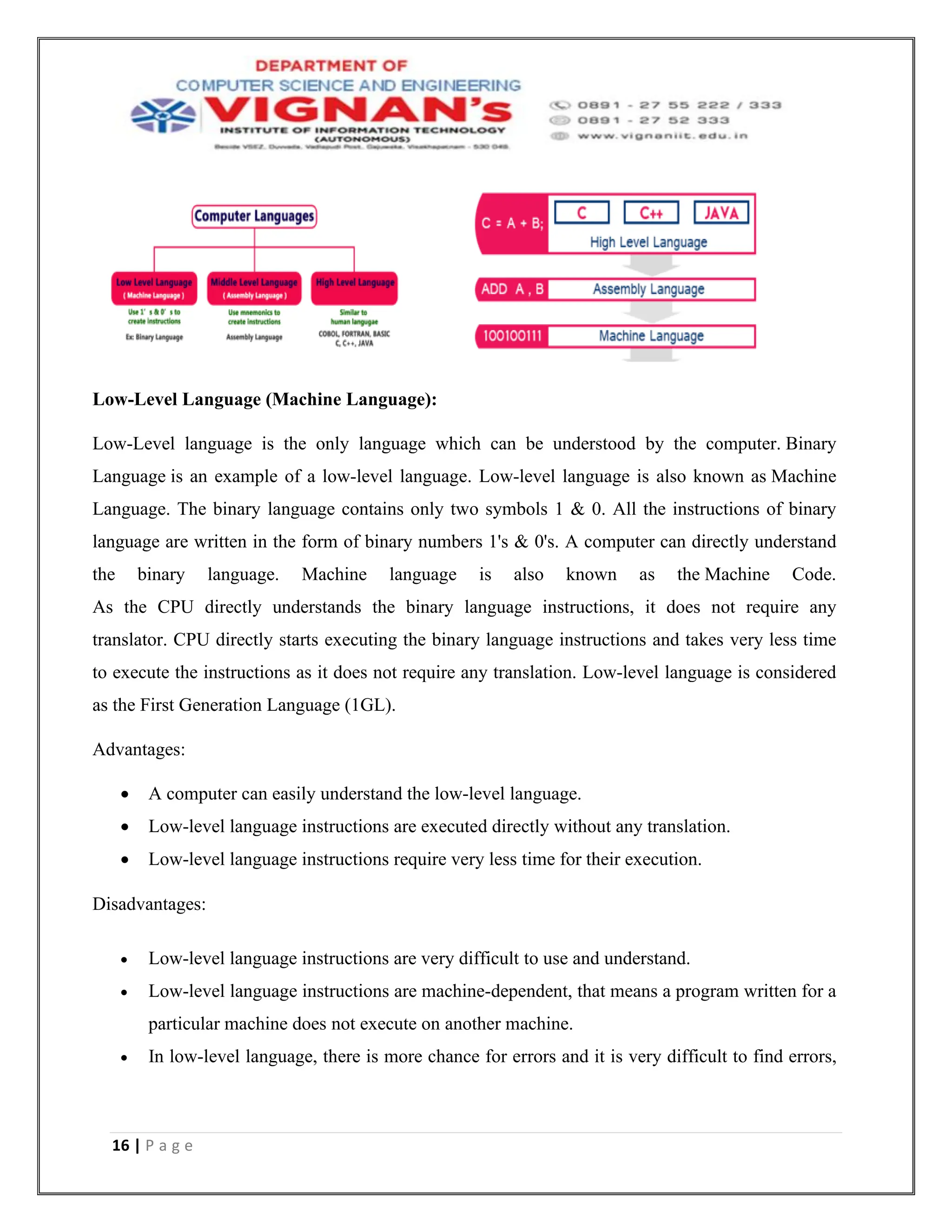 16 | P a g e
Low-Level Language (Machine Language):
Low-Level language is the only language which can be understood by the computer. Binary
Language is an example of a low-level language. Low-level language is also known as Machine
Language. The binary language contains only two symbols 1 & 0. All the instructions of binary
language are written in the form of binary numbers 1's & 0's. A computer can directly understand
the binary language. Machine language is also known as the Machine Code.
As the CPU directly understands the binary language instructions, it does not require any
translator. CPU directly starts executing the binary language instructions and takes very less time
to execute the instructions as it does not require any translation. Low-level language is considered
as the First Generation Language (1GL).
Advantages:
• A computer can easily understand the low-level language.
• Low-level language instructions are executed directly without any translation.
• Low-level language instructions require very less time for their execution.
Disadvantages:
• Low-level language instructions are very difficult to use and understand.
• Low-level language instructions are machine-dependent, that means a program written for a
particular machine does not execute on another machine.
• In low-level language, there is more chance for errors and it is very difficult to find errors,
 