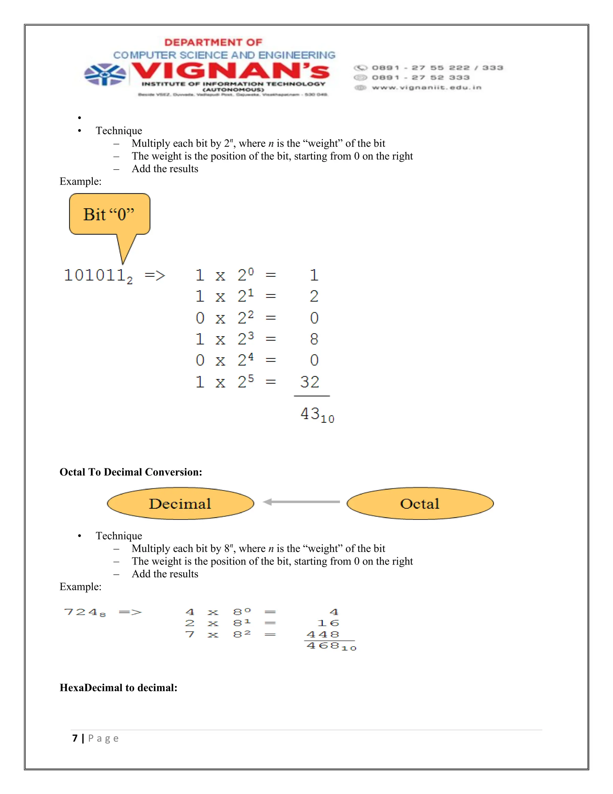 7 | P a g e
•
• Technique
– Multiply each bit by 2n
, where n is the “weight” of the bit
– The weight is the position of the bit, starting from 0 on the right
– Add the results
Example:
Octal To Decimal Conversion:
• Technique
– Multiply each bit by 8n
, where n is the “weight” of the bit
– The weight is the position of the bit, starting from 0 on the right
– Add the results
Example:
HexaDecimal to decimal:
 