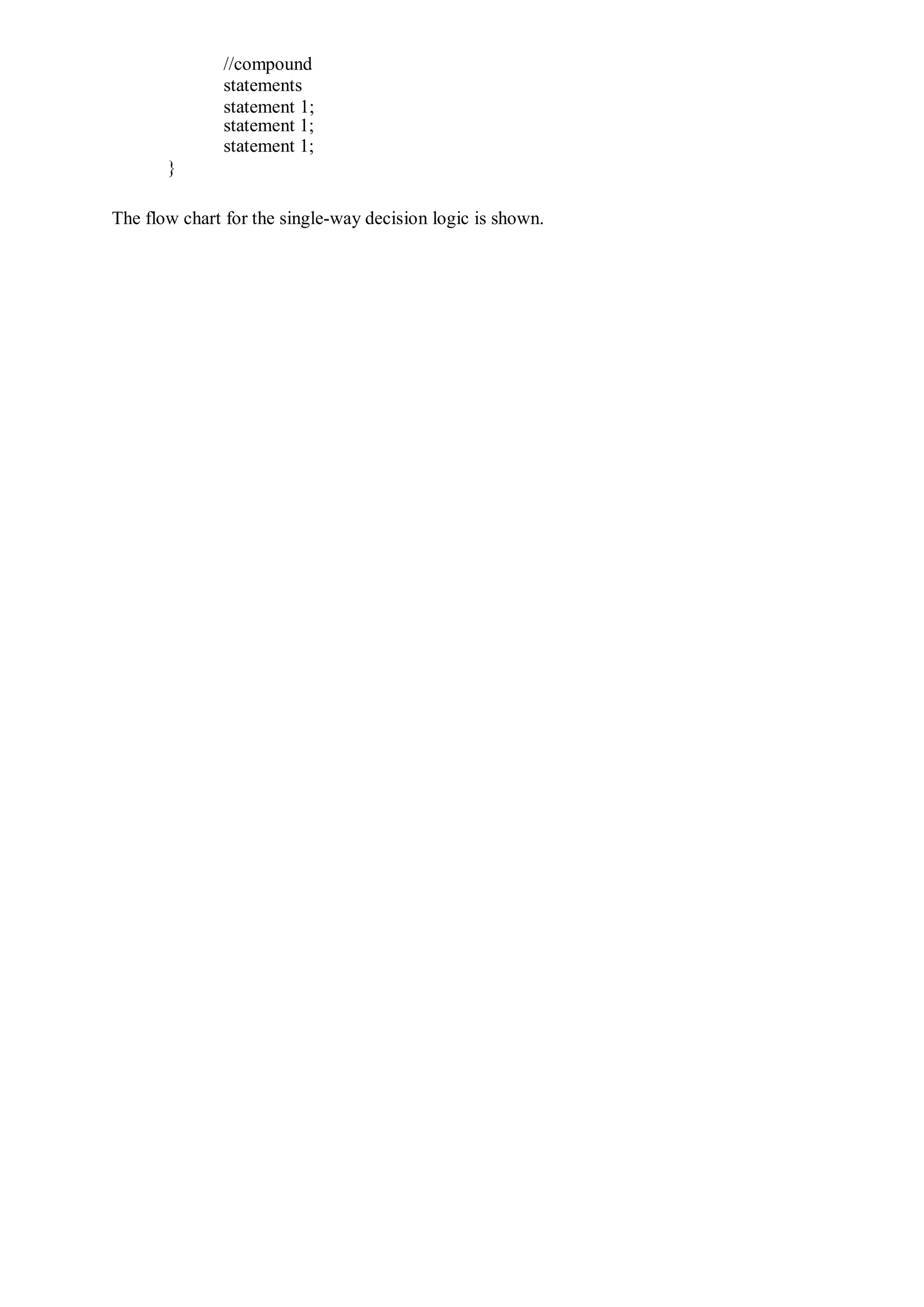 //compound
statements
statement 1;
statement 1;
statement 1;
}
The flow chart for the single-way decision logic is shown.
 
