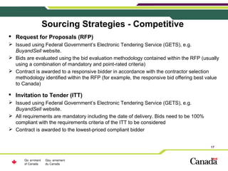 17
Sourcing Strategies - Competitive
 Request for Proposals (RFP)
 Issued using Federal Government’s Electronic Tenderin...