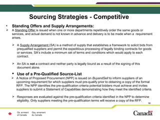 18
Sourcing Strategies - Competitive
• Standing Offers and Supply Arrangements:
 A Standing Offer is issued when one or m...