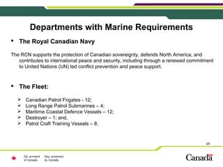 25
Departments with Marine Requirements
 The Royal Canadian Navy
The RCN supports the protection of Canadian sovereignty,...