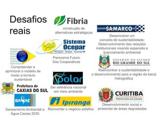 Desafios
                                   construção de
  reais                      alternativas estratégicas
                                                                   Desenvolver um
                                                           conceito de sustentabilidade;
                                                           Desenvolvimento das relações
                                                         institucionais visando expansão e
                                                               licenciamento ambiental
                           Panorama Futuro
                           Das Cooperativas
    Compreender e
aprimorar o modelo de                                    Reencontrar a sustentabilidade e
   modo a torná-lo                                   o desenvolvimento para a região da bacia
     sustentável                                                   hidrográfica

                          Ser referência nacional
                            em meio ambiente


                                                           Desenvolvimento social e
Saneamento Ambiental e Reinventar o negócio asfaltos     ambiental de áreas degradadas
   Água Caxias 2030
 