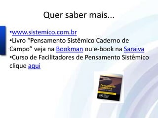 Quer saber mais...
•www.sistemico.com.br
•Livro “Pensamento Sistêmico Caderno de
Campo” veja na Bookman ou e-book na Saraiva
•Curso de Facilitadores de Pensamento Sistêmico
clique aqui
 