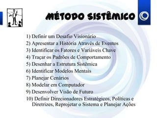 Método Sistêmico
1) Definir um Desafio Visionário
2) Apresentar a História Através de Eventos
3) Identificar os Fatores e Variáveis Chave
4) Traçar os Padrões de Comportamento
5) Desenhar a Estrutura Sistêmica
6) Identificar Modelos Mentais
7) Planejar Cenários
8) Modelar em Computador
9) Desenvolver Visão de Futuro
10) Definir Direcionadores Estratégicos, Políticas e
Diretrizes, Reprojetar o Sistema e Planejar Ações
 