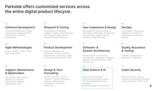 Software Development
Frontend Development / Mobile
Development / Backend & API
Development / Platform
Development
Research & Testing
User Research & Testing /
Usability Testing / Expert Reviews /
UX Strategy & Measurement /
Market & Product Research
Design & Tech
Consulting
Product Thinking / Proof of
Concept / Product & Business
Analysis / Requirements
Engineering / Discovery
Workshops
Agile Methodologies
Scrum / Kanban / SAFe / LESS /
Agile Contracting
Product Development
Product Management &
Ownership / Custom Software
Development / UX Design / Proof
of Concept & Prototyping / MVP
Software- &
System-Architecture
Microservices / Cloud Native
Technologies / Scalability / Database
Schema / Containerization / Client
Architecture
Support, Maintenance
& Optimization
A/B Testing / Performance
Analysis / Conversion
Optimization / Release
Management / SLA
User Experience & Design
Accessibility & Inclusive Design /
UX Writing / Information Architecture /
User Interface Design / Design
Systems / Digital Branding
01 02 03
05 06 07
09 10
Quality Assurance
& Testing
Strategy / Management /
Automation / Execution
DevOps
Cloud Native / Continuous
Integration / Continuous
Deployment / Continuous
Delivery
04
08
Parkside offers customized services across
the entire digital product lifecycle.
12
Data Science & AI
Use-Case Identification
Data Analysis and POC phase
ML model development and
validation
Bringing models into production
13
Cyber Security
White Box Audits / Secure
Software Development Lifecycle /
Threat Modelling / SAST / SCA
4
 