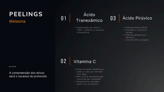 PEELINGS
01
Ácido
Tranexâmico
Capacidade de inibir o
VEGF, α-MSH e a cascata
inflamatória
Peeling mitocondrial
Acelerar o Turnover
celular
Peeling epidérmico -
dérmico
Até 20–50% (isolado)
Pode provocar ardência e
pode ou não ser retirado
com água
Não ocorre neutralização
(controle por camadas)
Reaplicar as camadas
após 3 ou 5 minutos
Vitamina C
Ácido Pirúvico
02
03
A compreensão dos ativos
será o sucesso do protocolo
Melasma
 