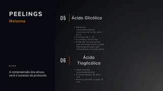 PEELINGS
05 Ácido Glicólico
Melasma,
rejuvenescimento,
cicatrizes de acne, acne
ativa
Fototipo de I - III
6 sessões 15/15 dias
Pode dar em pacientes
que mancham muito a pele
hiperpigmentação pós
inflamatória (fototipo alto)
Hipercromias
hemossideróticas
Concentrações de 5% a
12%
Peeling seriado a cada 15
dias
Ácido
Tioglicólico
06
A compreensão dos ativos
será o sucesso do protocolo
Melasma
 