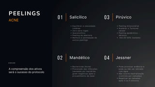 PEELINGS
01 Salicílico
Equilibrar a oleosidade
cutânea
Zero para rugas
Queratolítico
Peeling de abertura
Melhora a permeação de
outros peelings
Peeling mitocondrial
Acelerar o Turnover
celular
Peeling epidérmico -
dérmico
Até 20–50% (isolado)
Pode provocar ardência e
pode ou não ser retirado
com água
Não ocorre neutralização
(controle por camadas)
Reaplicar as camadas
após 3 ou 5 minutos
Bactericida (Acne)
Prevenção das infecções
causadas por bactérias
gram-negativas após o
procedimento de laser
Mandélico Jessner
Pirúvico
02 04
03
A compreensão dos ativos
será o sucesso do protocolo
ACNE
 