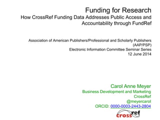 Carol Anne Meyer
Business Development and Marketing
CrossRef
@meyercarol
ORCID: 0000-0003-2443-2804
Funding for Research
How CrossRef Funding Data Addresses Public Access and
Accountability through FundRef
Association of American Publishers/Professional and Scholarly Publishers
(AAP/PSP)
Electronic Information Committee Seminar Series
12 June 2014
 