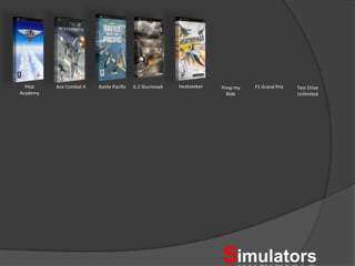 HeatseekerPilot AcademyAce Combat XBattle PacificIL 2 SturmowkF1 Grand PrixTest Drive UnlimitedPimp my RideSimulators
