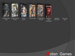 Gundam Battle UniverseSOCOM Tactical StrikeSOCOM FireTeam Bravo3Warrior OrochiUnbound SagaResistance RetributionGhost in the ShellMetal Gear Solid PeacewallkerAction  Games
