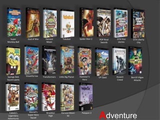 Spider Man 2Super Monkey BallGod of WarHarvest MoonTokobotGTA Vice storiesGTA Liberty CityPOP Rival SwordsViewtiful JoeHammer’n HeroSponge Bob Square pantsTransformersLittle Big PlanetAssasin CreedBen10 Vilgax AttacksUP (Spa)AdventureMarvel’s Super Hero SquadCabela’s Legendary AdventuresBrooklyn HighHarvest Moon 3dPatapon 2