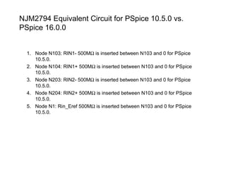 NJM2794 Equivalent Circuit for PSpice 10.5.0 vs.
PSpice 16.0.0
1. Node N103: RIN1- 500MΩ is inserted between N103 and 0 for PSpice
10.5.0.
2. Node N104: RIN1+ 500MΩ is inserted between N103 and 0 for PSpice
10.5.0.
3. Node N203: RIN2- 500MΩ is inserted between N103 and 0 for PSpice
10.5.0.
4. Node N204: RIN2+ 500MΩ is inserted between N103 and 0 for PSpice
10.5.0.
5. Node N1: Rin_Eref 500MΩ is inserted between N103 and 0 for PSpice
10.5.0.
 