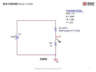 抵抗分割回路シミュレーション
3Copyright (C) Siam Bee Technologies 2015
V1
1Vdc
0
PARAMETERS:
R25 = 1k
B = 5000
T0 = 298
T = 273
R1_NTC1
{R25*exp(B*(1/T-1/T0))}
R2
1k
Vout1
V
回路図
 