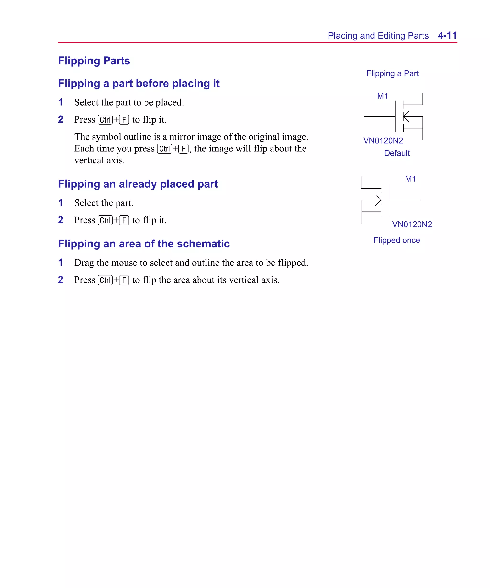 Scug.bk : 04DESGNS.FMK Page 11 Monday, June 16, 1997 10:10 AM




                                                                         Placing and Editing Parts   4-11

      Flipping Parts
                                                                                  Flipping a Part
      Flipping a part before placing it
                                                                                     M1
      1   Select the part to be placed.
      2   Press C+F to flip it.
          The symbol outline is a mirror image of the original image.            VN0120N2
          Each time you press C+F, the image will flip about the                       Default
          vertical axis.
                                                                                             M1
      Flipping an already placed part
      1   Select the part.
      2   Press C+F to flip it.                                                           VN0120N2
                                                                                    Flipped once
      Flipping an area of the schematic
      1   Drag the mouse to select and outline the area to be flipped.
      2   Press C+F to flip the area about its vertical axis.
 