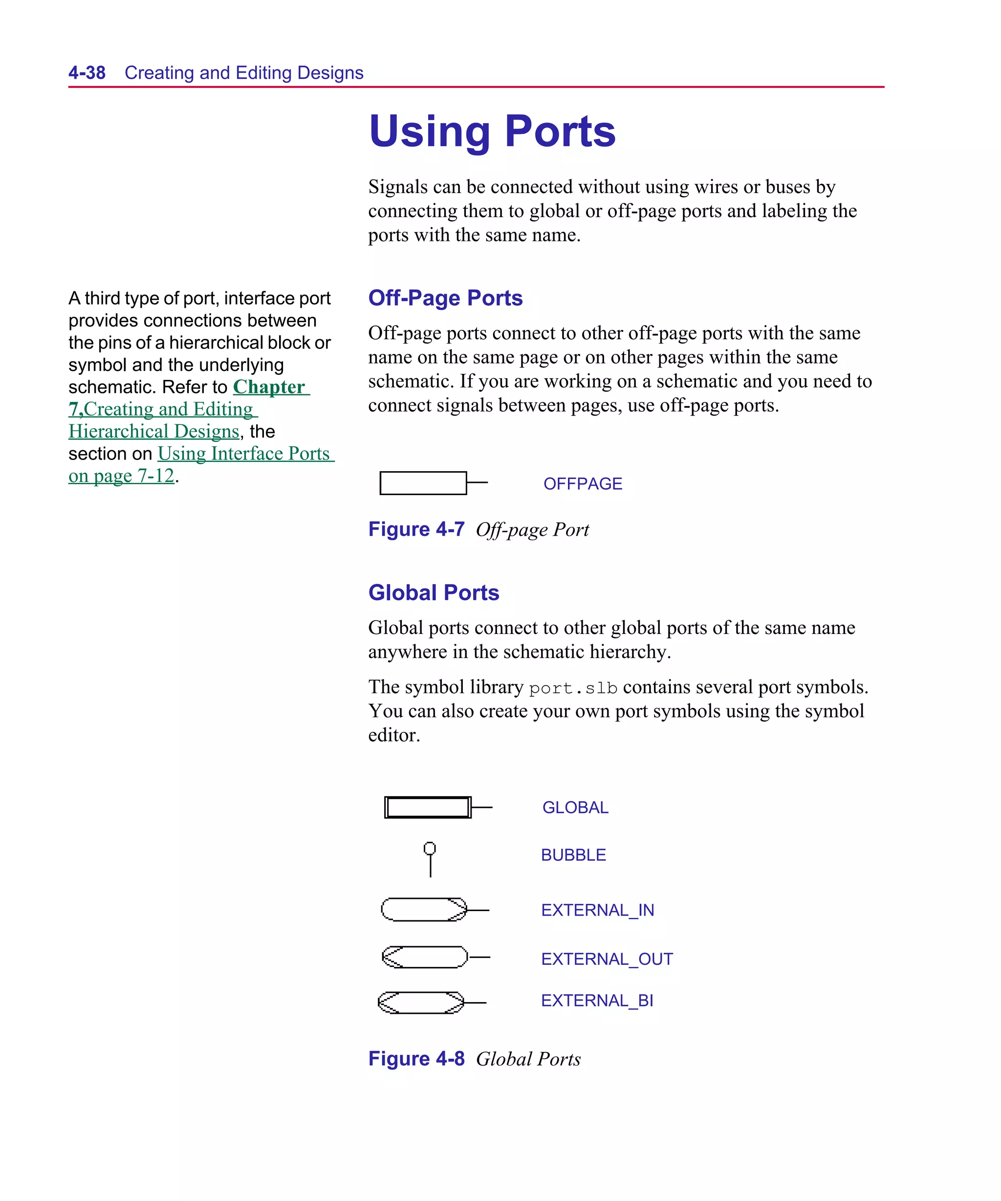 Scug.bk : 04DESGNS.FMK Page 38 Monday, June 16, 1997 10:10 AM




  4-38   Creating and Editing Designs


                                         Using Ports
                                         Signals can be connected without using wires or buses by
                                         connecting them to global or off-page ports and labeling the
                                         ports with the same name.


  A third type of port, interface port   Off-Page Ports
  provides connections between
  the pins of a hierarchical block or
                                         Off-page ports connect to other off-page ports with the same
  symbol and the underlying              name on the same page or on other pages within the same
  schematic. Refer to Chapter            schematic. If you are working on a schematic and you need to
  7,Creating and Editing                 connect signals between pages, use off-page ports.
  Hierarchical Designs, the
  section on Using Interface Ports
  on page 7-12.                                               OFFPAGE

                                         Figure 4-7 Off-page Port


                                         Global Ports
                                         Global ports connect to other global ports of the same name
                                         anywhere in the schematic hierarchy.
                                         The symbol library port.slb contains several port symbols.
                                         You can also create your own port symbols using the symbol
                                         editor.


                                                              GLOBAL

                                                              BUBBLE


                                                              EXTERNAL_IN

                                                              EXTERNAL_OUT

                                                              EXTERNAL_BI


                                         Figure 4-8 Global Ports
 