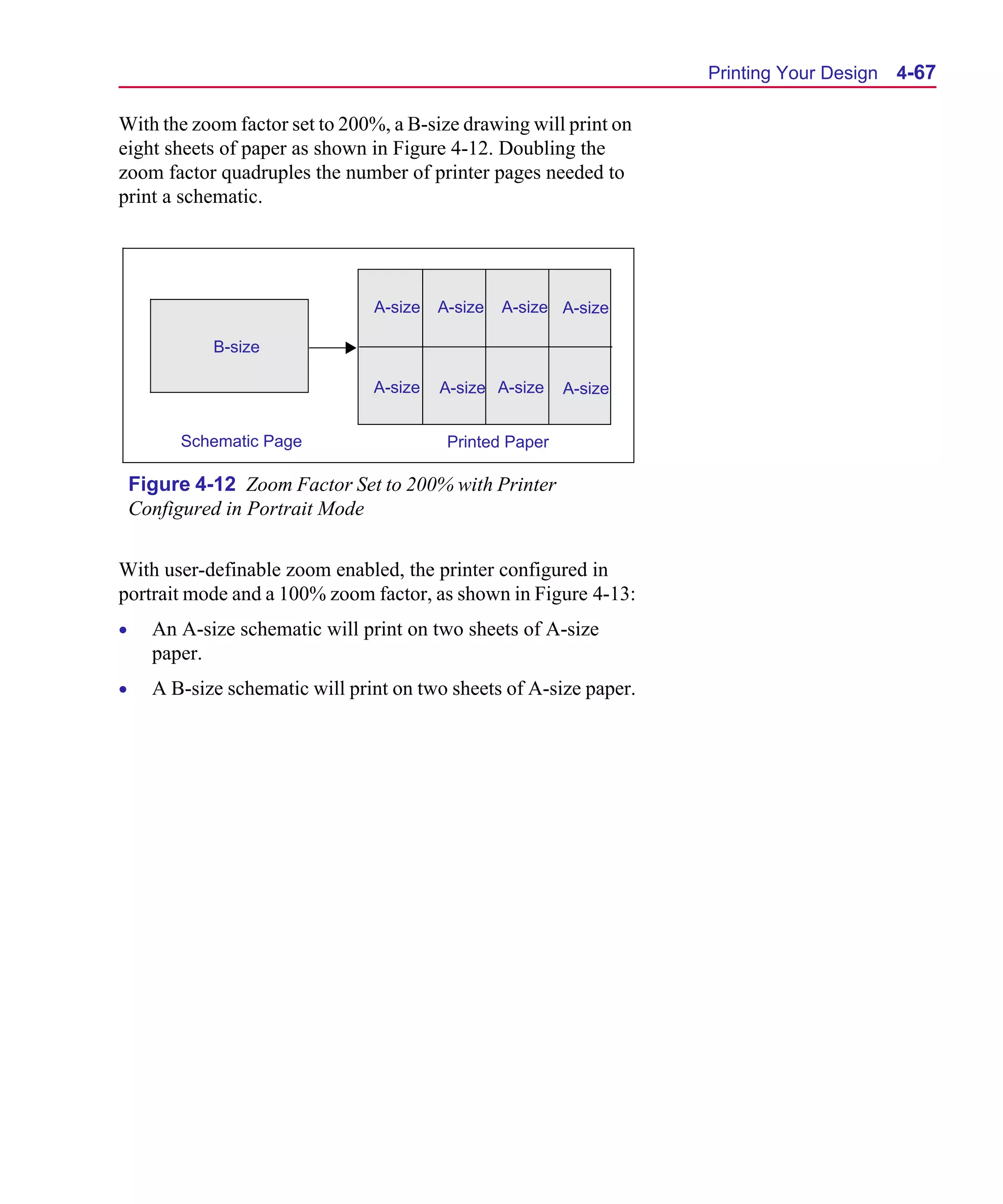 Scug.bk : 04DESGNS.FMK Page 67 Monday, June 16, 1997 10:10 AM




                                                                           Printing Your Design   4-67

      With the zoom factor set to 200%, a B-size drawing will print on
      eight sheets of paper as shown in Figure 4-12. Doubling the
      zoom factor quadruples the number of printer pages needed to
      print a schematic.




                                       A-size   A-size   A-size A-size

                   B-size

                                       A-size   A-size A-size    A-size


               Schematic Page                    Printed Paper

          Figure 4-12 Zoom Factor Set to 200% with Printer
          Configured in Portrait Mode

      With user-definable zoom enabled, the printer configured in
      portrait mode and a 100% zoom factor, as shown in Figure 4-13:
      •     An A-size schematic will print on two sheets of A-size
            paper.
      •     A B-size schematic will print on two sheets of A-size paper.
 