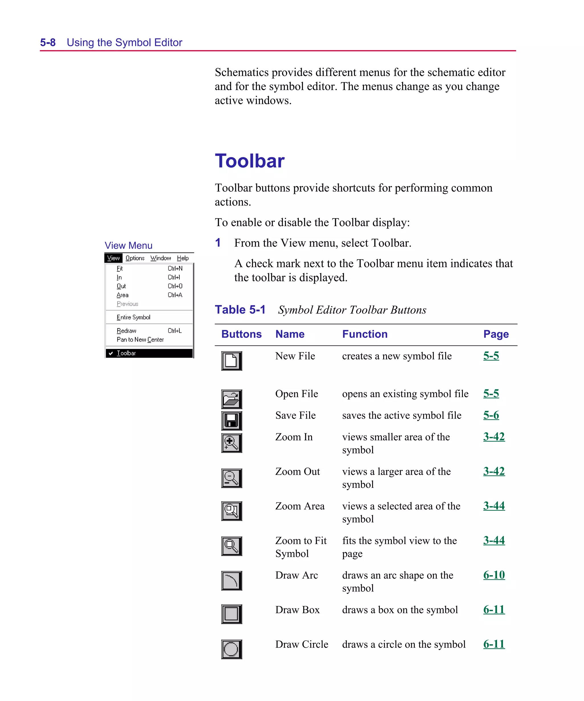 Scug.bk : 05SYMBED.FMK Page 8 Monday, June 16, 1997 10:10 AM




  5-8   Using the Symbol Editor

                                  Schematics provides different menus for the schematic editor
                                  and for the symbol editor. The menus change as you change
                                  active windows.




                                  Toolbar
                                  Toolbar buttons provide shortcuts for performing common
                                  actions.
                                  To enable or disable the Toolbar display:
               View Menu          1   From the View menu, select Toolbar.
                                      A check mark next to the Toolbar menu item indicates that
                                      the toolbar is displayed.

                                  Table 5-1 Symbol Editor Toolbar Buttons

                                   Buttons    Name          Function                        Page

                                              New File      creates a new symbol file       5-5


                                              Open File     opens an existing symbol file   5-5
                                              Save File     saves the active symbol file    5-6
                                              Zoom In       views smaller area of the       3-42
                                                            symbol

                                              Zoom Out      views a larger area of the      3-42
                                                            symbol

                                              Zoom Area     views a selected area of the    3-44
                                                            symbol

                                              Zoom to Fit   fits the symbol view to the     3-44
                                              Symbol        page

                                              Draw Arc      draws an arc shape on the       6-10
                                                            symbol

                                              Draw Box      draws a box on the symbol       6-11

                                              Draw Circle   draws a circle on the symbol    6-11
 