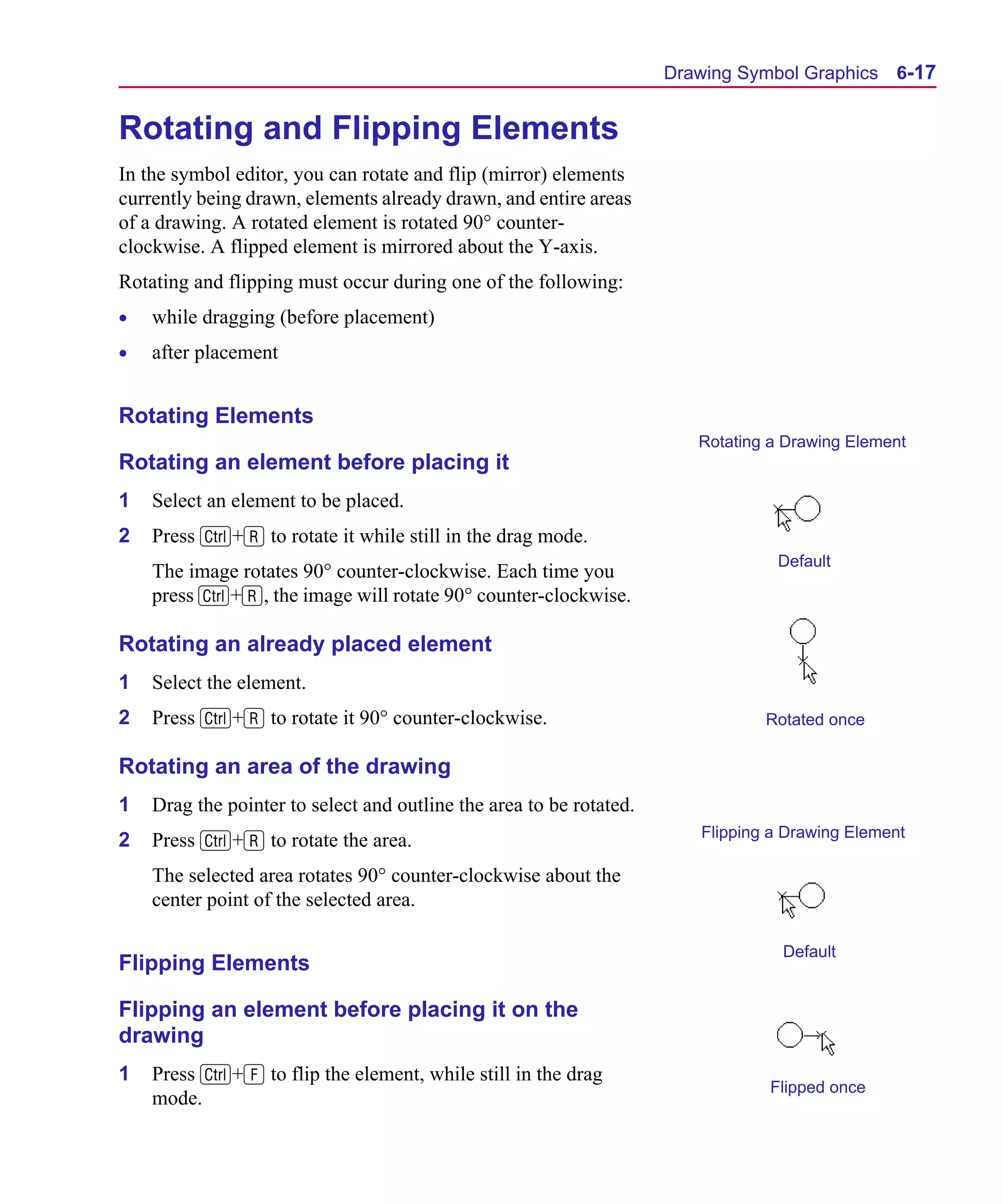 Scug.bk : 06SYMBLS.FMK Page 17 Monday, June 16, 1997 10:10 AM




                                                                           Drawing Symbol Graphics 6-17


      Rotating and Flipping Elements
      In the symbol editor, you can rotate and flip (mirror) elements
      currently being drawn, elements already drawn, and entire areas
      of a drawing. A rotated element is rotated 90° counter-
      clockwise. A flipped element is mirrored about the Y-axis.
      Rotating and flipping must occur during one of the following:
      •   while dragging (before placement)
      •   after placement


      Rotating Elements
                                                                              Rotating a Drawing Element
      Rotating an element before placing it
      1   Select an element to be placed.
      2   Press C+R to rotate it while still in the drag mode.
                                                                                       Default
          The image rotates 90° counter-clockwise. Each time you
          press C+R, the image will rotate 90° counter-clockwise.

      Rotating an already placed element
      1   Select the element.
      2   Press C+R to rotate it 90° counter-clockwise.                               Rotated once

      Rotating an area of the drawing
      1   Drag the pointer to select and outline the area to be rotated.
                                                                              Flipping a Drawing Element
      2   Press C+R to rotate the area.
          The selected area rotates 90° counter-clockwise about the
          center point of the selected area.

                                                                                        Default
      Flipping Elements

      Flipping an element before placing it on the
      drawing
      1   Press C+F to flip the element, while still in the drag
                                                                                      Flipped once
          mode.
 