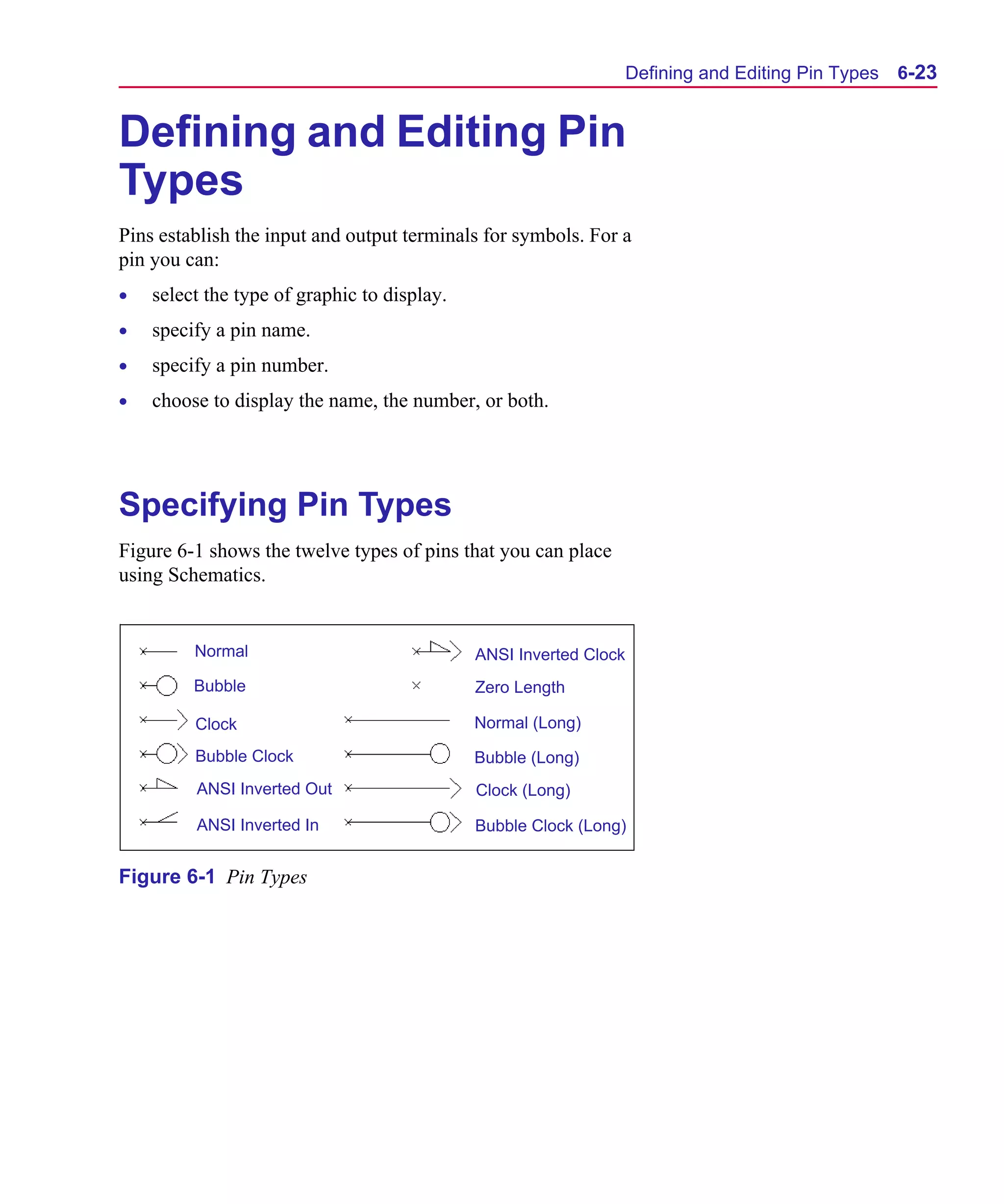 Scug.bk : 06SYMBLS.FMK Page 23 Monday, June 16, 1997 10:10 AM




                                                                         Defining and Editing Pin Types   6-23


      Defining and Editing Pin
      Types
      Pins establish the input and output terminals for symbols. For a
      pin you can:
      •   select the type of graphic to display.
      •   specify a pin name.
      •   specify a pin number.
      •   choose to display the name, the number, or both.




      Specifying Pin Types
      Figure 6-1 shows the twelve types of pins that you can place
      using Schematics.


               Normal                              ANSI Inverted Clock
               Bubble                              Zero Length

               Clock                               Normal (Long)

               Bubble Clock                        Bubble (Long)
               ANSI Inverted Out                   Clock (Long)

               ANSI Inverted In                    Bubble Clock (Long)


      Figure 6-1 Pin Types
 