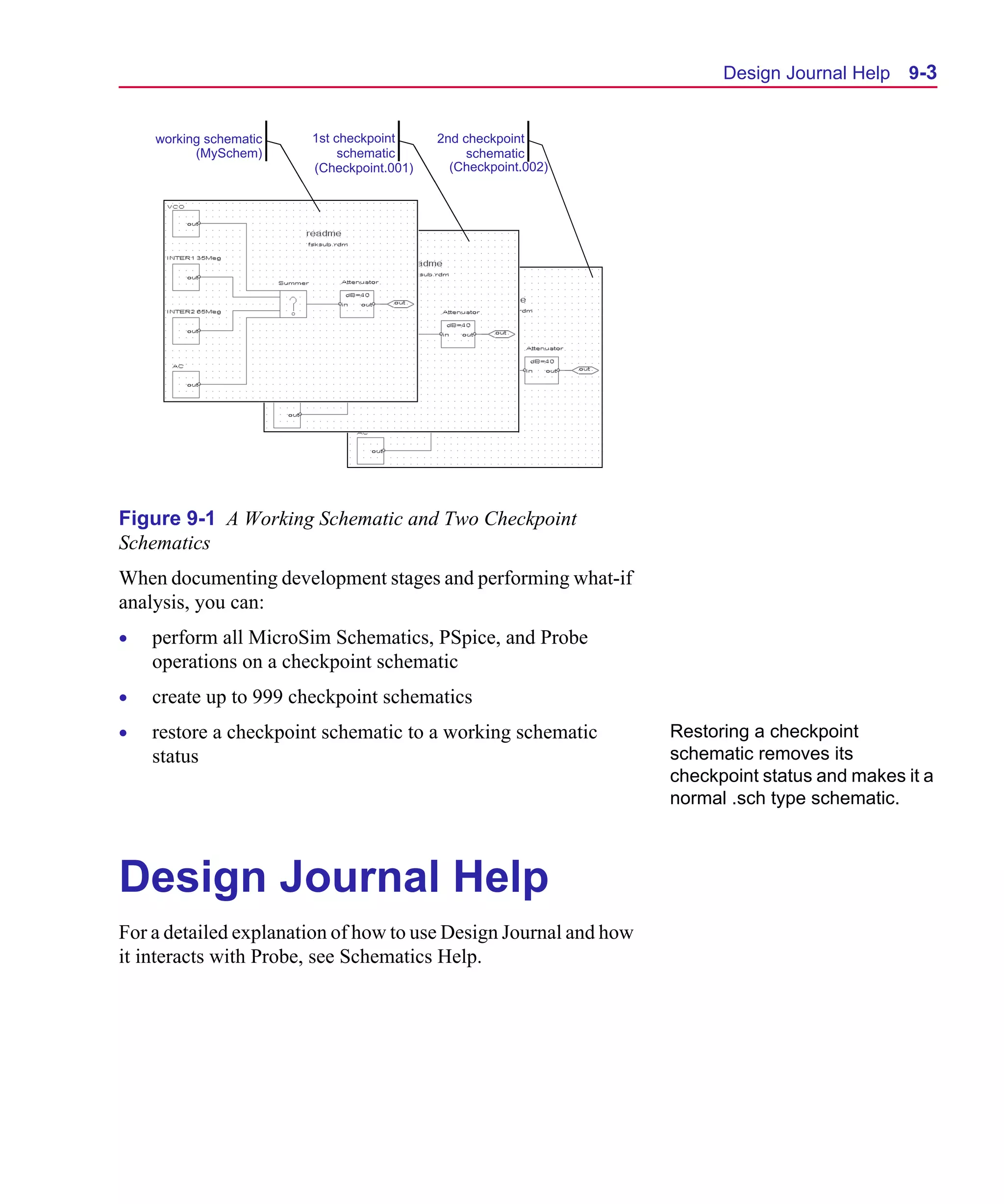 Scug.bk : 09DJRNL.FMK Page 3 Monday, June 16, 1997 10:10 AM




                                                                              Design Journal Help   9-3


          working schematic   1st checkpoint     2nd checkpoint
                (MySchem)          schematic          schematic
                              (Checkpoint.001)     (Checkpoint.002)




      Figure 9-1 A Working Schematic and Two Checkpoint
      Schematics
      When documenting development stages and performing what-if
      analysis, you can:
      •   perform all MicroSim Schematics, PSpice, and Probe
          operations on a checkpoint schematic
      •   create up to 999 checkpoint schematics
      •   restore a checkpoint schematic to a working schematic         Restoring a checkpoint
          status                                                        schematic removes its
                                                                        checkpoint status and makes it a
                                                                        normal .sch type schematic.



      Design Journal Help
      For a detailed explanation of how to use Design Journal and how
      it interacts with Probe, see Schematics Help.
 