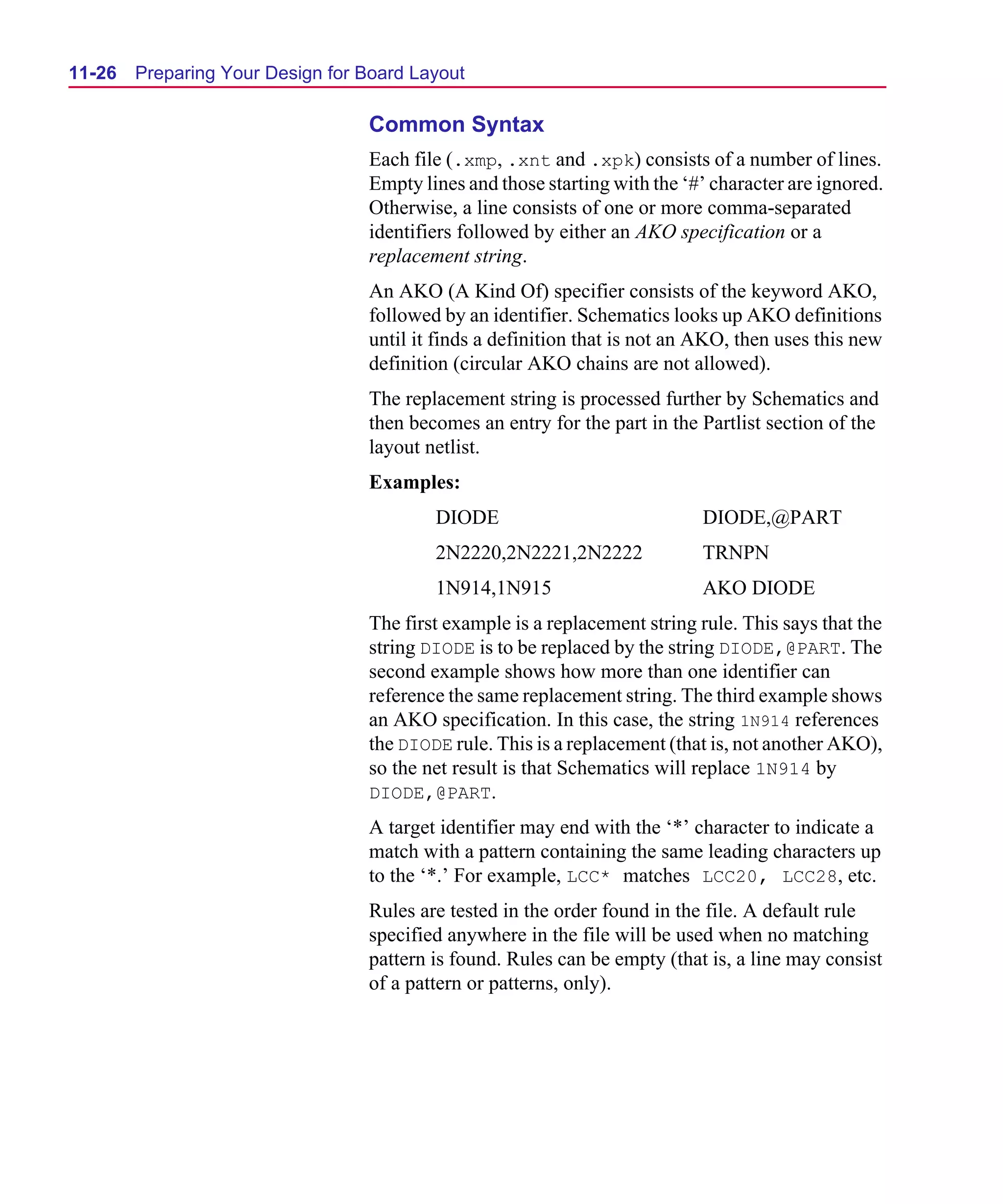 Scug.bk : 11LAYOUT.FMK Page 26 Monday, June 16, 1997 10:10 AM




  11-26   Preparing Your Design for Board Layout

                                    Common Syntax
                                    Each file (.xmp, .xnt and .xpk) consists of a number of lines.
                                    Empty lines and those starting with the ‘#’ character are ignored.
                                    Otherwise, a line consists of one or more comma-separated
                                    identifiers followed by either an AKO specification or a
                                    replacement string.
                                    An AKO (A Kind Of) specifier consists of the keyword AKO,
                                    followed by an identifier. Schematics looks up AKO definitions
                                    until it finds a definition that is not an AKO, then uses this new
                                    definition (circular AKO chains are not allowed).
                                    The replacement string is processed further by Schematics and
                                    then becomes an entry for the part in the Partlist section of the
                                    layout netlist.
                                    Examples:
                                            DIODE                             DIODE,@PART
                                            2N2220,2N2221,2N2222              TRNPN
                                            1N914,1N915                       AKO DIODE
                                    The first example is a replacement string rule. This says that the
                                    string DIODE is to be replaced by the string DIODE,@PART. The
                                    second example shows how more than one identifier can
                                    reference the same replacement string. The third example shows
                                    an AKO specification. In this case, the string 1N914 references
                                    the DIODE rule. This is a replacement (that is, not another AKO),
                                    so the net result is that Schematics will replace 1N914 by
                                    DIODE,@PART.
                                    A target identifier may end with the ‘*’ character to indicate a
                                    match with a pattern containing the same leading characters up
                                    to the ‘*.’ For example, LCC* matches LCC20, LCC28, etc.
                                    Rules are tested in the order found in the file. A default rule
                                    specified anywhere in the file will be used when no matching
                                    pattern is found. Rules can be empty (that is, a line may consist
                                    of a pattern or patterns, only).
 
