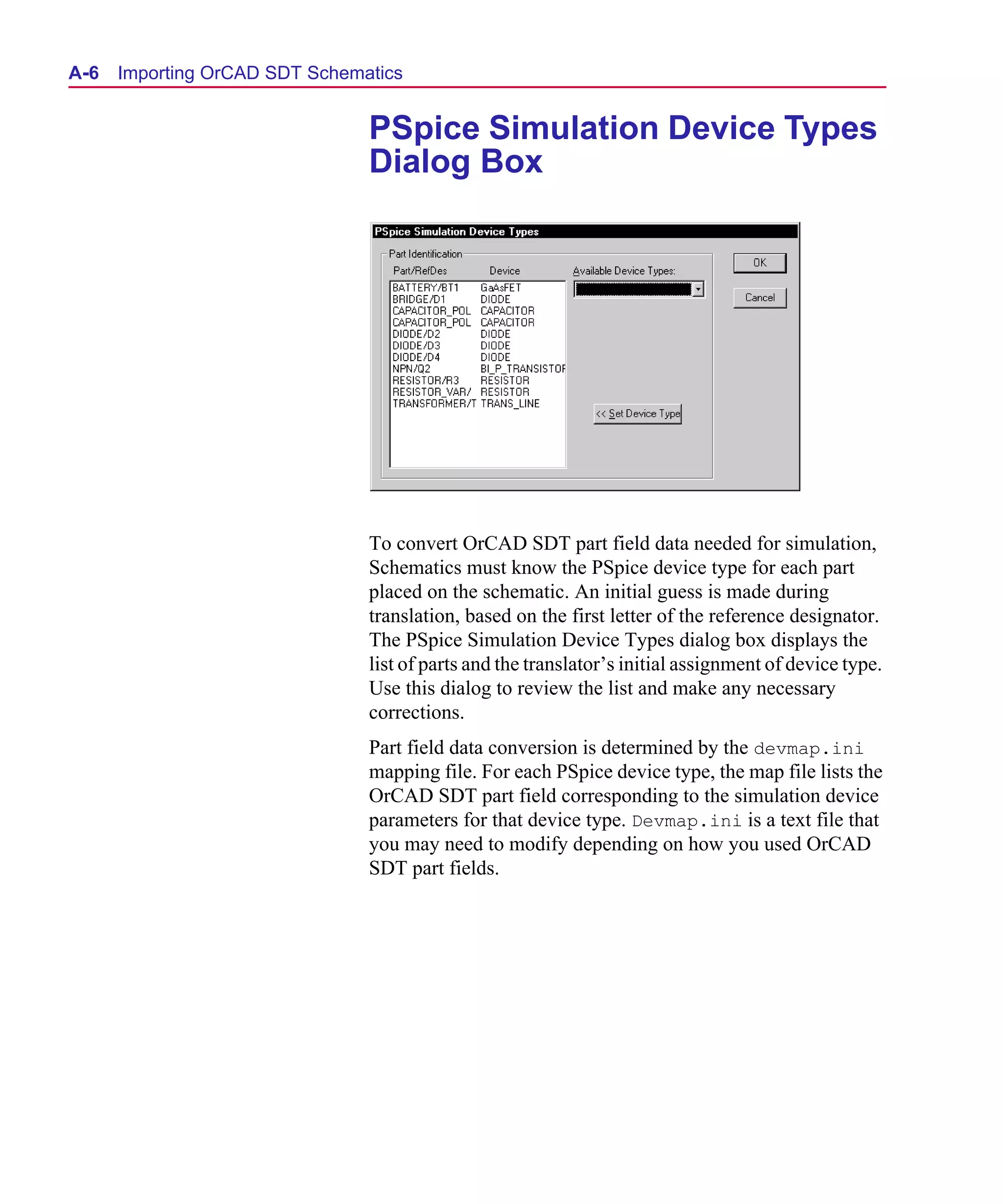 Scug.bk : A-ORCAD.FMK Page 6 Monday, June 16, 1997 10:10 AM




  A- 6   Importing OrCAD SDT Schematics


                                   PSpice Simulation Device Types
                                   Dialog Box




                                   To convert OrCAD SDT part field data needed for simulation,
                                   Schematics must know the PSpice device type for each part
                                   placed on the schematic. An initial guess is made during
                                   translation, based on the first letter of the reference designator.
                                   The PSpice Simulation Device Types dialog box displays the
                                   list of parts and the translator’s initial assignment of device type.
                                   Use this dialog to review the list and make any necessary
                                   corrections.
                                   Part field data conversion is determined by the devmap.ini
                                   mapping file. For each PSpice device type, the map file lists the
                                   OrCAD SDT part field corresponding to the simulation device
                                   parameters for that device type. Devmap.ini is a text file that
                                   you may need to modify depending on how you used OrCAD
                                   SDT part fields.
 