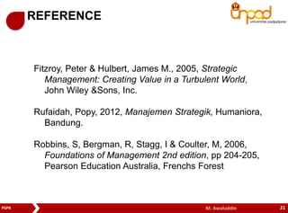 REFERENCE 
Fitzroy, Peter & Hulbert, James M., 2005, Strategic 
Management: Creating Value in a Turbulent World, 
John Wiley &Sons, Inc. 
Rufaidah, Popy, 2012, Manajemen Strategik, Humaniora, 
Bandung. 
Robbins, S, Bergman, R, Stagg, I & Coulter, M, 2006, 
Foundations of Management 2nd edition, pp 204-205, 
Pearson Education Australia, Frenchs Forest 
PSPK M. Awaluddin 
21 
 