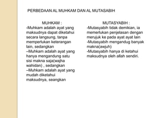 PERBEDAAN AL MUHKAM DAN AL MUTASABIH
MUHKAM :
-Muhkam adalah ayat yang
maksudnya dapat diketahui
secara langsung, tanpa
memperlukan keterangan
lain, sedangkan
–Muhkam adalah ayat yang
hanya mengandung satu
sisi makna saja(wajha
wahidan) , sedangkan
–Muhkam adalah ayat yang
mudah diketahui
maksudnya, seangkan
MUTASYABIH :
-Mutasyabih tidak demikian, ia
memerlukan penjelasan dengan
merujuk ke pada ayat ayat lain
-Mutasyabih mengandug banyak
makna(awjuh)
-Mutasyabih hanya di ketahui
maksudnya oleh allah sendiri.
 
