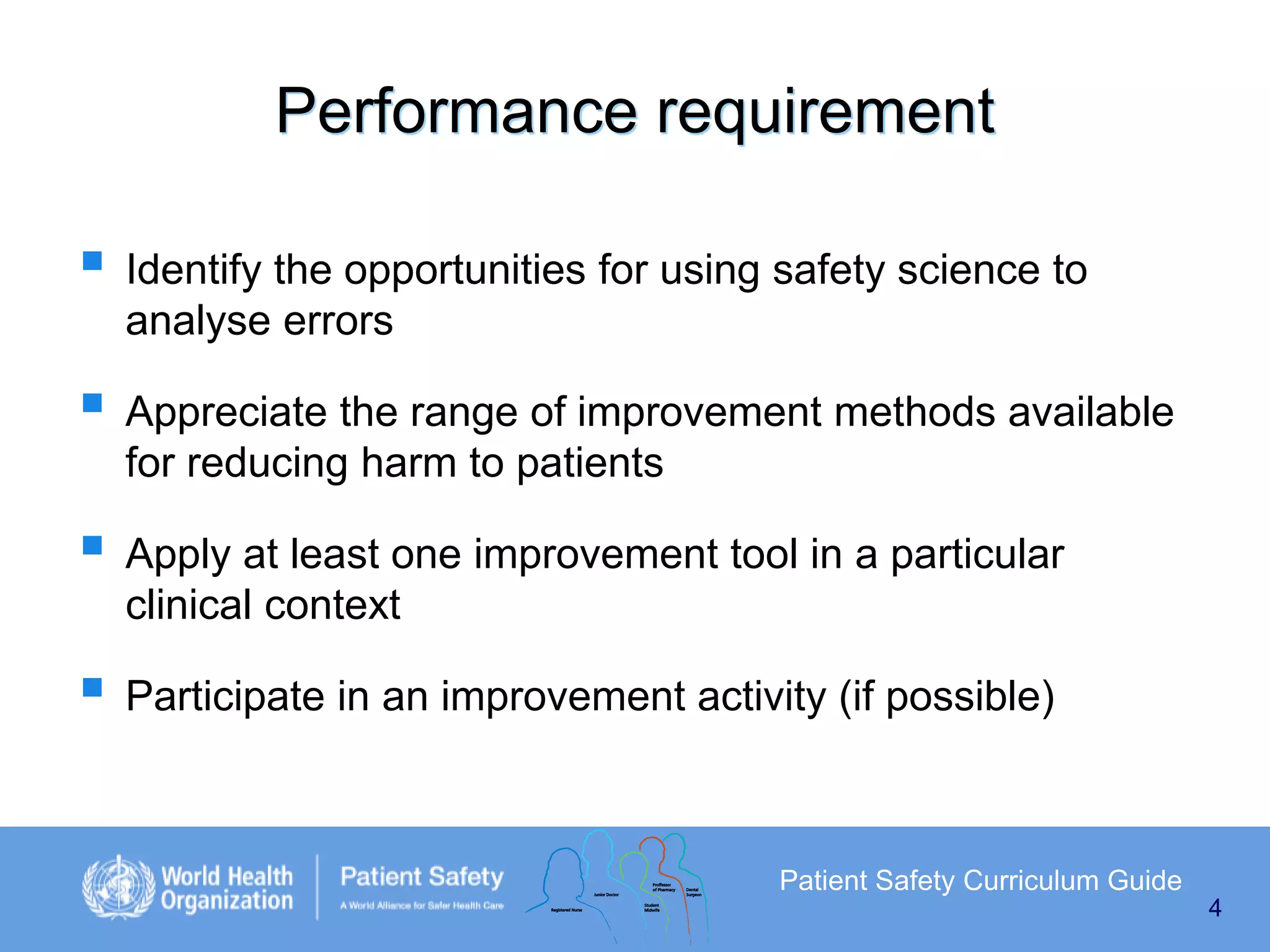 Performance requirement

 Identify the opportunities for using safety science to
analyse errors

 Appreciate the range of improvement methods available
for reducing harm to patients

 Apply at least one improvement tool in a particular
clinical context

 Participate in an improvement activity (if possible)
Patient Safety Curriculum Guide
4

 