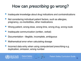 How can prescribing go wrong?









Inadequate knowledge about drug indications and contraindications
Not considering individual patient factors, such as allergies,
pregnancy, co-morbidities, other medications

Wrong patient, wrong dose, wrong time, wrong drug, wrong route
Inadequate communication (written, verbal)
Documentation - illegible, incomplete, ambiguous
Mathematical error when calculating dosage
Incorrect data entry when using computerized prescribing e.g.
duplication, omission, wrong number
Patient Safety Curriculum Guide
10

 