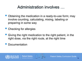Administration involves …

 Obtaining the medication in a ready-to-use form; may
involve counting, calculating, mixing, labeling or
preparing in some way

 Checking for allergies
 Giving the right medication to the right patient, in the
right dose, via the right route, at the right time

 Documentation
Patient Safety Curriculum Guide
14

 